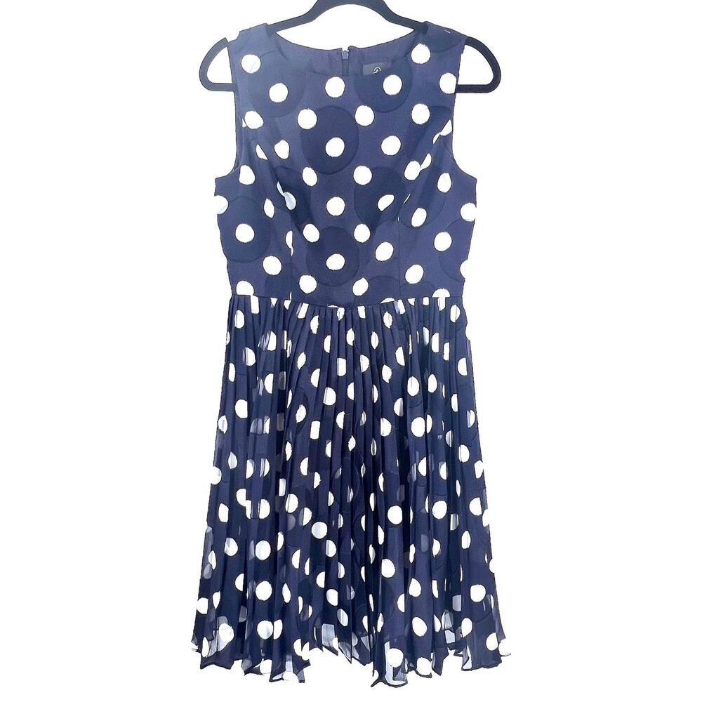 Adrianna Papell Dress Women's S Blue White Polka Dot Chiffon Fit & Flare Pleated